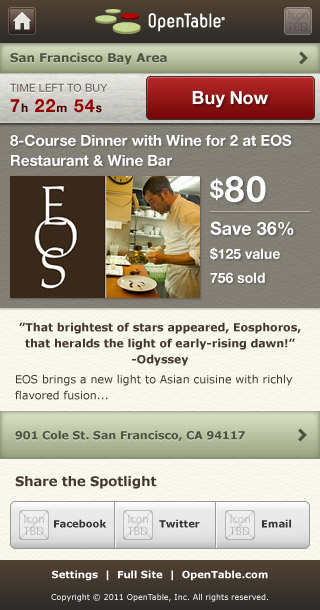 Mobile HTML5 OpenTable Spotlight Deal Page by Kyle McGuire
				