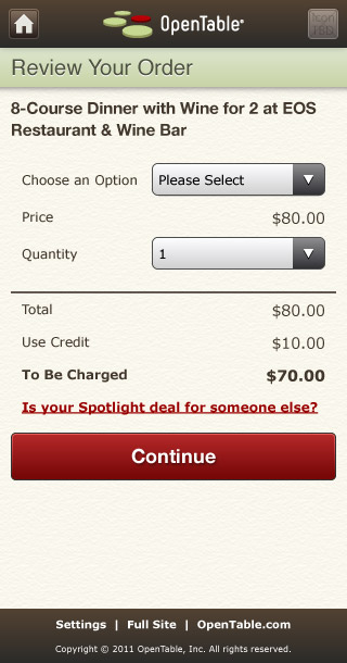 Mobile HTML5 OpenTable Spotlight Order Review Page by Kyle McGuire
				