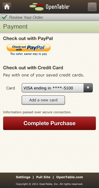 Mobile HTML5 OpenTable Spotlight Payment Page